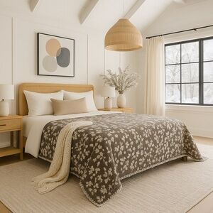Earth Brown Taupe Floral Quilt Bedspread Dark Taupe Ecru Cream Loom Weave QUEEN